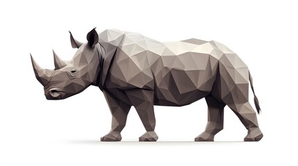 Obraz premium Low-poly geometric rhinoceros, full-body, depicted with strong, angular shapes in grays and browns, standing powerfully against a white background, the minimalist design highlights the rhino robust