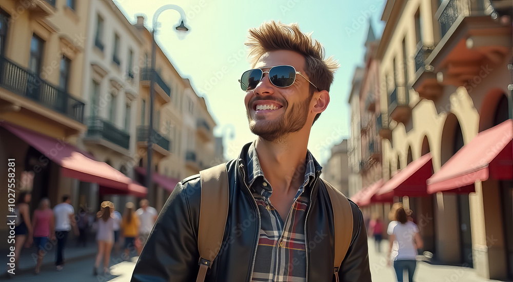 Wall mural A man wearing a black jacket and sunglasses is smiling in front of a car