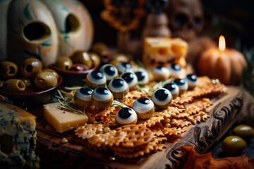 Halloween cheese and cracker platter with eyeball decorations