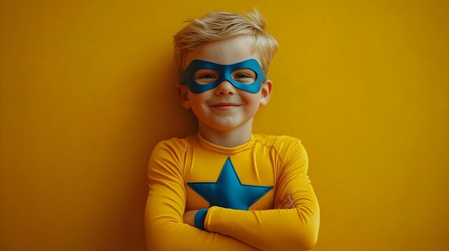 Playful and cheerful young boy dressed in a colorful superhero costume posing in a portrait shot against a plain sunny yellow background with studio lighting - Powered by Adobe