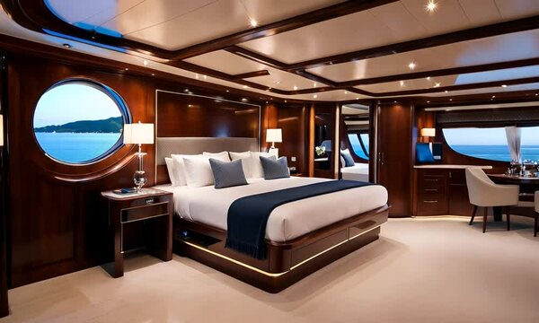  Interior of cabin bedroom on luxury sailing yacht with twin beds