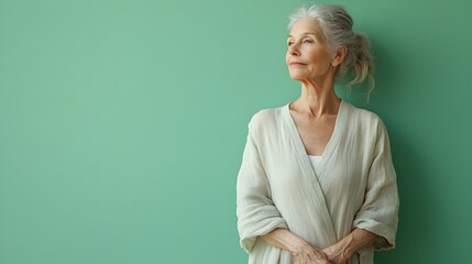 Portrait of a graceful and serene elderly woman dressed in a flowing linen tunic posing against a plain mint green studio background with ample copy space above the subject