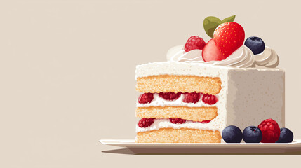 A flat vector slice of layered cake with whipped cream and fruit on top, representing National Dessert Day. Copy space on the right