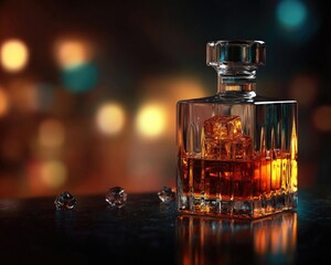 A beautifully lit glass whiskey decanter with ice, capturing a warm, inviting ambiance against a blurred background of soft lights.