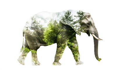 Fototapeta premium Watercolor double exposure of an elephant, with its form blending into a lush green forest scene, delicate and fluid brushstrokes in shades of gray and green, isolated on a white background, the