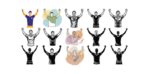 Celebration Pose set. football or Soccer Player set Celebration Pose Vector, Arms Raised Victory Design for Sports.
