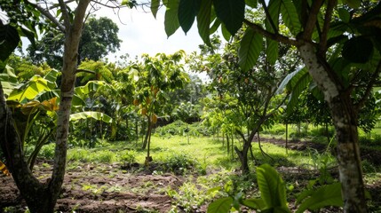 Visualize a serene cocoa plantation where cacao trees thrive under the tropical sun. The plantation is lush with greenery