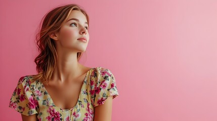 Closeup portrait of a curious young woman thoughtfully posing in a vibrant floral sundress against a plain blush background with studio lighting leaving copy space for text overlay