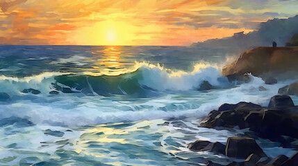 Obraz premium the waves of the sea on which the sun sets