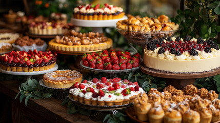 A beautifully arranged dessert buffet with cakes, pies, pastries, and cookies. Copy space in the upper area