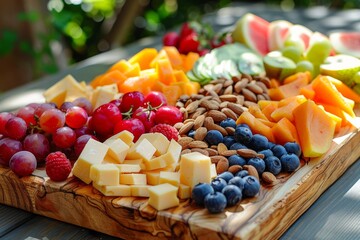 Vibrant cheese and fruit platter with nuts on wooden board