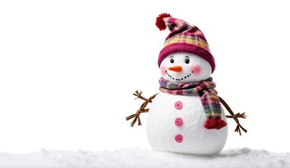 Fototapeta premium A happy snowman dressed in a scarf and black top hat stands among snow-covered trees. This cozy, peaceful winter scene is ideal for holiday greetings, seasonal advertising