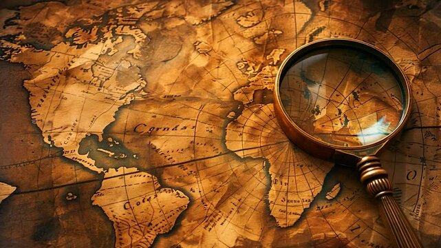 Exploring ancient maps: slow motion cinematic journey with magnifying glass uncovering old world secrets