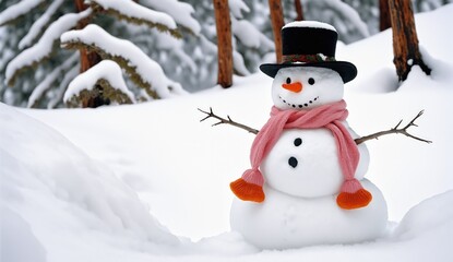 Obraz premium A cheerful snowman with a black top hat and scarf stands in a snowy forest. The serene winter landscape captures the essence of the holiday season, perfect for Christmas cards, festive designs