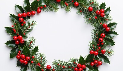 A festive Christmas wreath made of green pine branches, holly leaves, and red berries, arranged in a circular shape. The design is ideal for holiday decorations, seasonal greeting cards