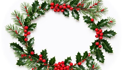 A festive Christmas wreath made of green pine branches, holly leaves, and red berries, arranged in a circular shape. The design is ideal for holiday decorations, seasonal greeting cards