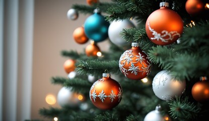 Obraz premium A close-up of a Christmas tree, festively decorated with shiny baubles in hues of red, gold, and white, along with sparkling lights, offering a magical and joyful holiday vibe suitable