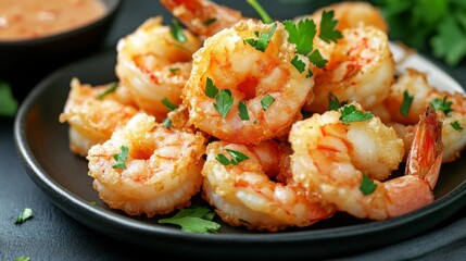 Crispy Fried Shrimp with Herbs on Black Plate