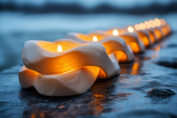 A row of candles are lit and arranged on a stone surface. The candles are lit and arranged in a line, with some candles being taller than others
