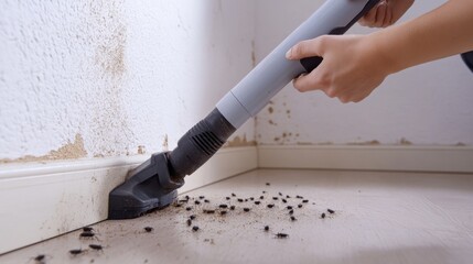 person using vacuum cleaner to remove cockroaches from corner of room, showcasing clean up effort against pests. scene highlights importance of maintaining hygienic living space