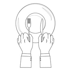 Outline Hands Holding Cutlery with Empty Plate, suitable for a coloring book. The line design is simple yet elegant, for a coloring experience with a formal dining theme or table manners