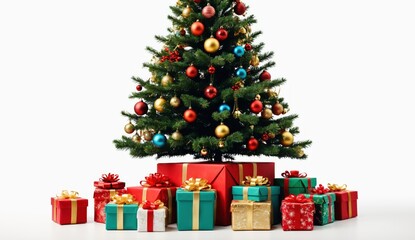 A brightly lit Christmas tree, surrounded by numerous colorful gift boxes, creates a warm and festive atmosphere in a modern living room. Ideal for use in holiday designs, seasonal promotions