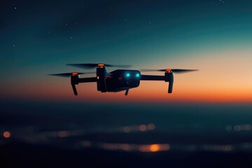 A drone hovers in the twilight sky, illuminated by its lights, capturing a stunning view of the sunset and distant city lights below.