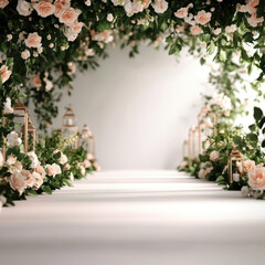 A romantic wedding aisle adorned with blooming flowers and lanterns, creating a dreamy atmosphere for the ceremony.
