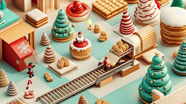 3D isometric Christmas cookie factory scene showing the process of cookie making, with small figures and detailed cookie shapes. Christmas cookies