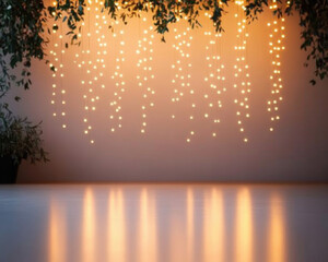 Obraz premium A cozy, warm ambiance created by cascading fairy lights against a softly illuminated wall, perfect for enhancing any space.