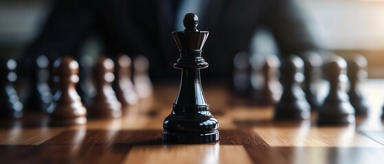 Chess game with black king surrounded by pawns on a wooden board.