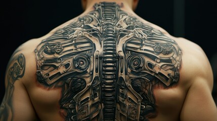 Biomechanical tattoo designs featuring mechanical parts seamlessly integrated with human anatomy.