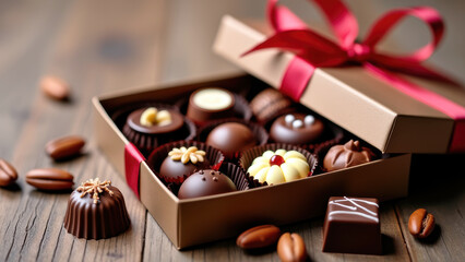 Variety of Flavored Chocolates with Nut Toppings and Decorative Swirls in an Open Gift Box