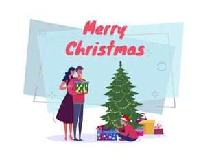 Couple and boy unpacking presents near decorated Christmas tree vector illustration. Merry Christmas lettering on abstract background. New Year, holiday, party, family concept for banner, web design