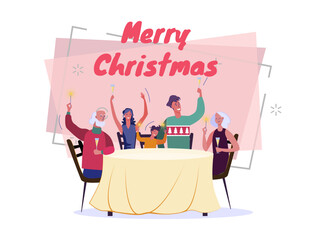 Family sitting at table, toasting and celebrating Christmas vector illustration. Merry Christmas lettering on abstract background. New Year, holiday, party, family concept for banner or web design