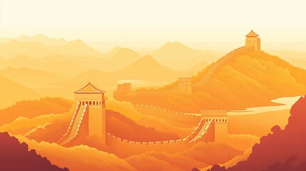 The Great Wall of China Stretching Through Mountains in a Golden Light