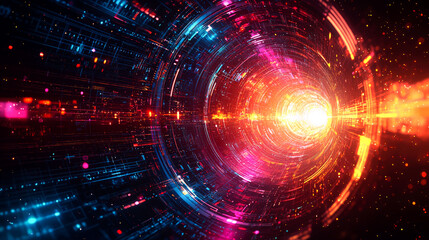 Obraz premium Abstract tunnel of glowing red and blue light with a bright white center.
