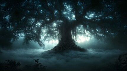 Obraz premium Ancient banyan tree silhouetted under a foggy night sky, bathed in moonlight and shrouded in mist.