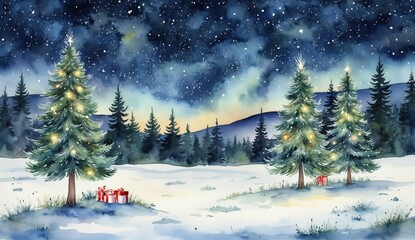 Fototapeta premium This charming Christmas-themed illustration showcases a snow-covered forest with pine trees decorated with glowing lights. Presents are scattered across the snowy ground, creating a cozy and festive