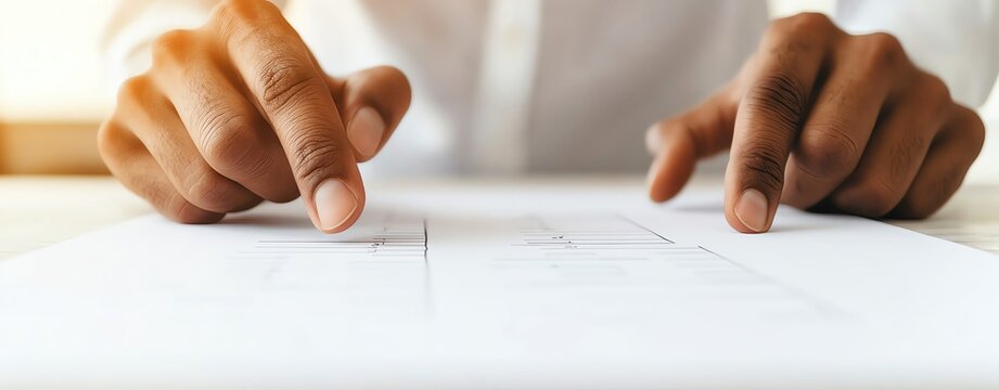 Hands pointing at a project timeline on paper, discussing consulting strategies for implementation, timeline discussion, business planning
