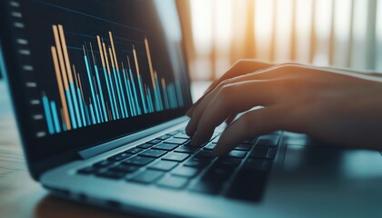 Hands tapping on a laptop s touchpad during a business consultation, with charts and graphs on the screen, laptop touchpad, digital consulting
