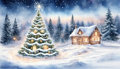 A snow-covered log cabin nestled in a serene winter landscape, glowing with festive lights. The tranquil scene under the starry night sky evokes feelings of warmth and celebration Christmas