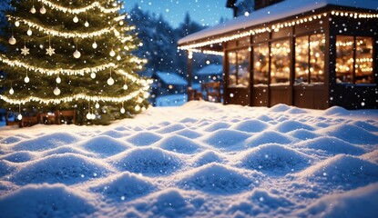 Fototapeta premium A charming wooden house with snow-covered rooftops and trees illuminated by festive lights, creating a warm and inviting holiday atmosphere. Ideal for seasonal designs, holiday cards