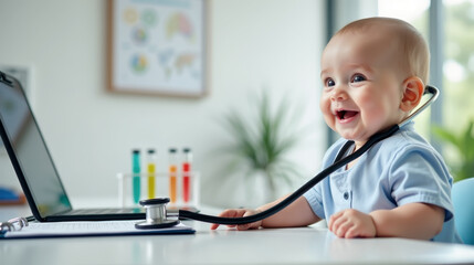 Naklejka premium Adorable baby sitting at a desk with a stethoscope around their neck, smiling joyfully. Smiling Baby Playing with Stethoscope. Future Doctor Concept