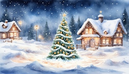 A snow-covered log cabin nestled in a serene winter landscape, glowing with festive lights. The tranquil scene under the starry night sky evokes feelings of warmth and celebration Christmas