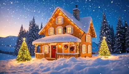 A charming Christmas scene showcasing a snow-covered house with warm lights and a brightly decorated tree. Snowflakes fall gently, creating a magical and peaceful holiday mood, perfect for Christmas