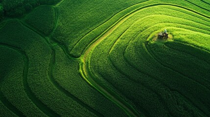 Naklejka premium Aerial view of lush green terraced fields creating a vibrant pattern, highlighting the beauty of agricultural landscapes.