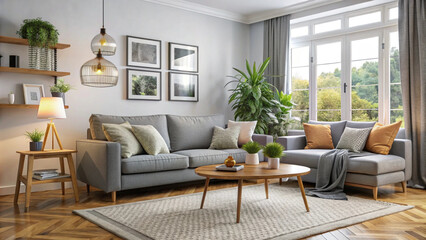 A living room with a couch coffee table and a plant on the table