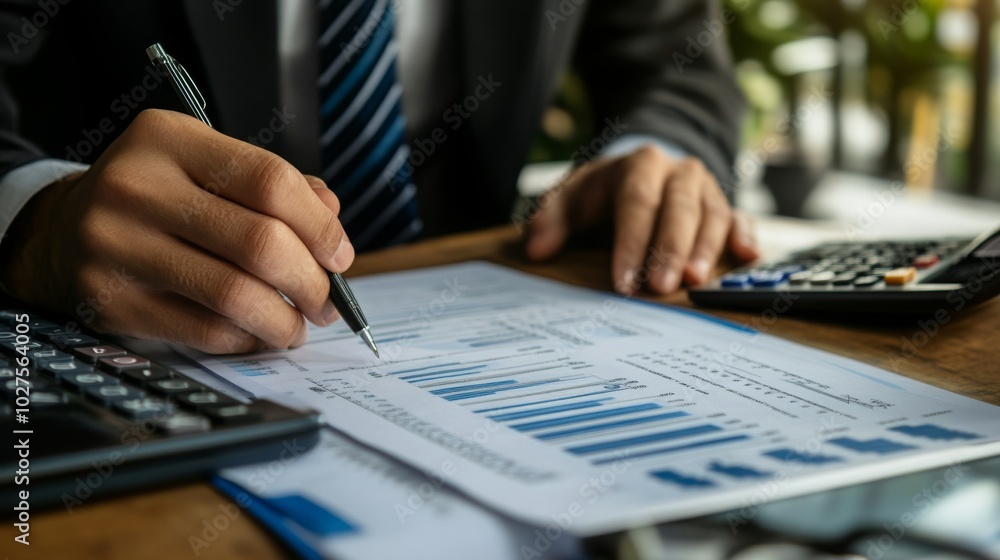 Aufkleber A person in a suit writes on a document with graphs, surrounded by financial tools like a calculator, indicating a business or financial analysis setting.