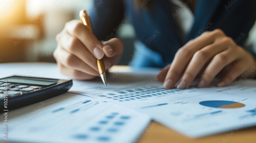 Aufkleber a focused person analyzes financial documents and charts while writing notes with a pen beside a cal